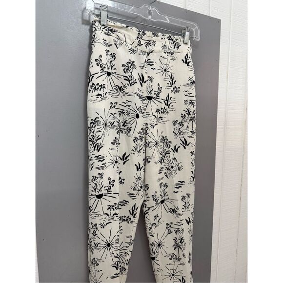 Free People Womens Ivory Black Linen Blend Pants Small Tropical Print Tapered - Picture 1 of 13